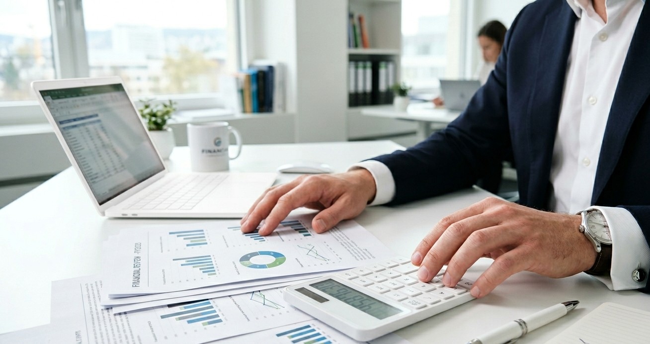 Calculadora y gráficos financieros sobre escritorio luminoso