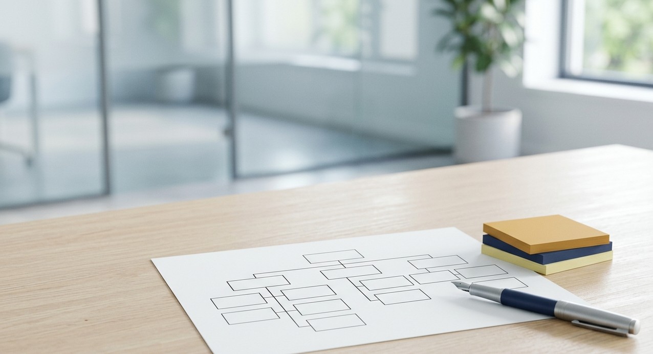 Boceto de organigrama sobre mesa de madera clara